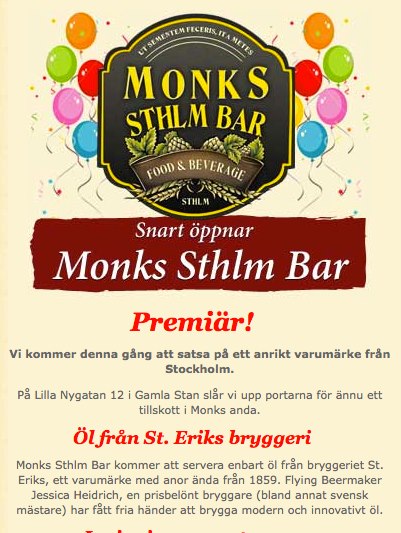 Monks Sthlm Bar - premiär 25 september.